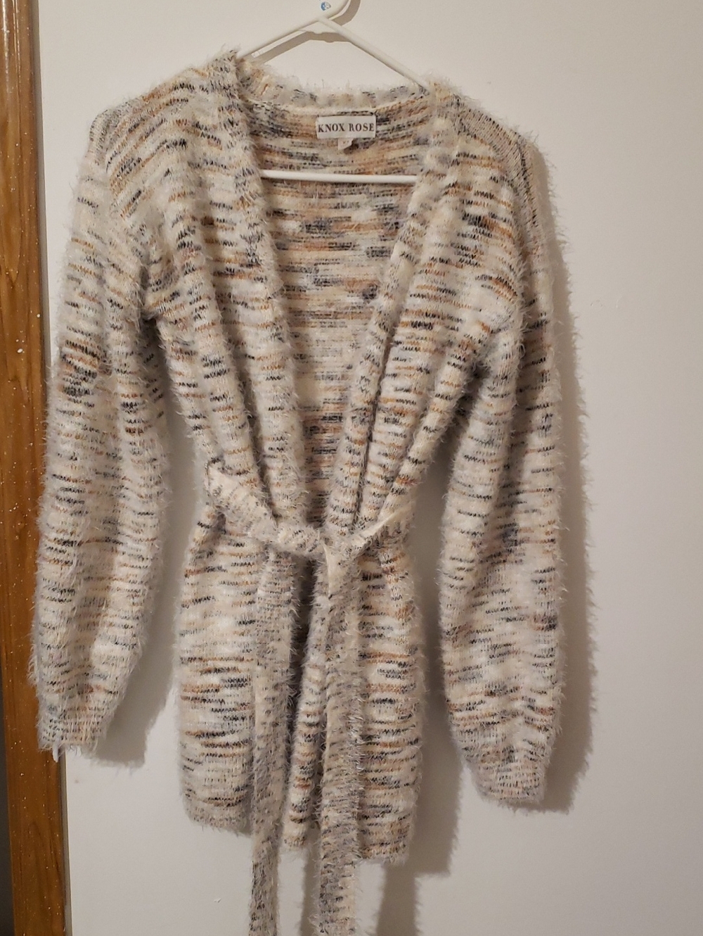 Knox Rose Cream Multicolor Fuzzy Belted Sweater Cardigan